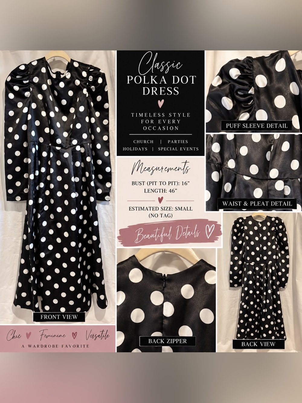 Black & White Polka Dot Satin Midi Dress Puff Sleeve Small Approx.